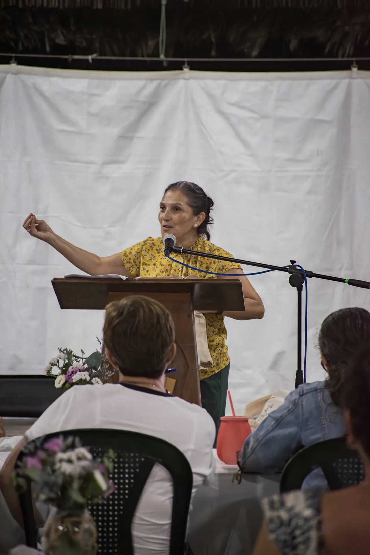 A speaker addresses guests during a retreat at El Faro.