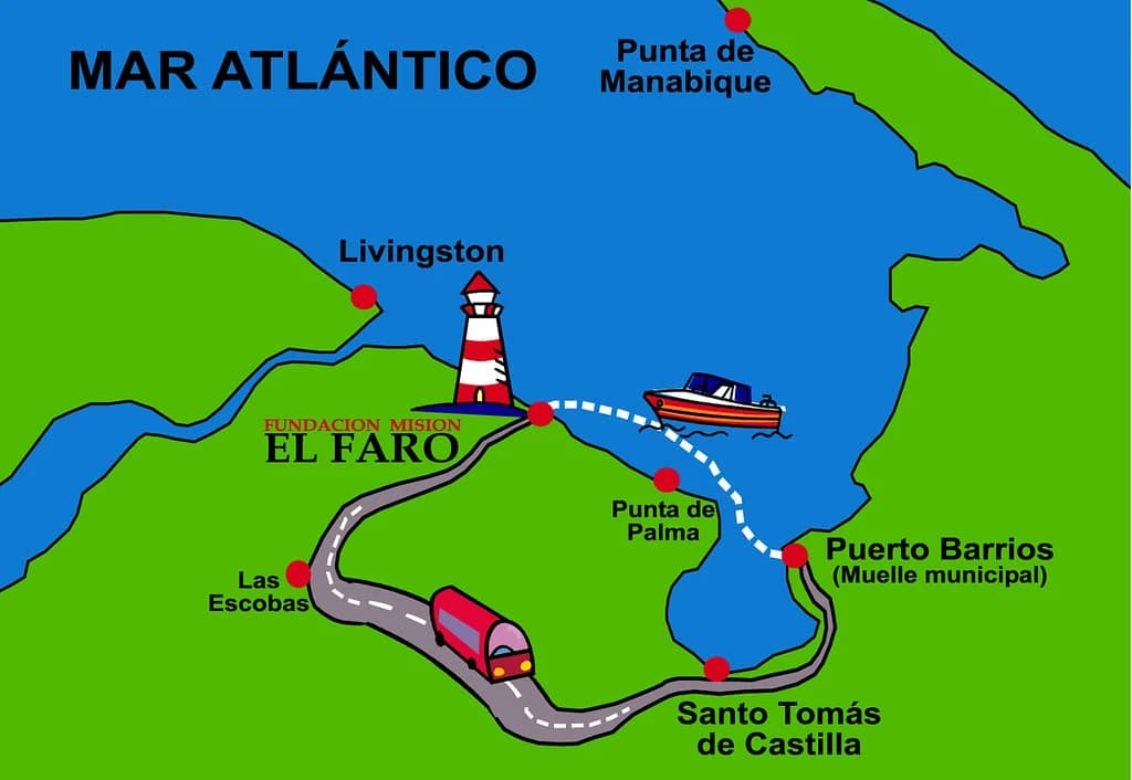 A map locates El Faro, Livingston, Río Dulce, and Puerto Barrios.